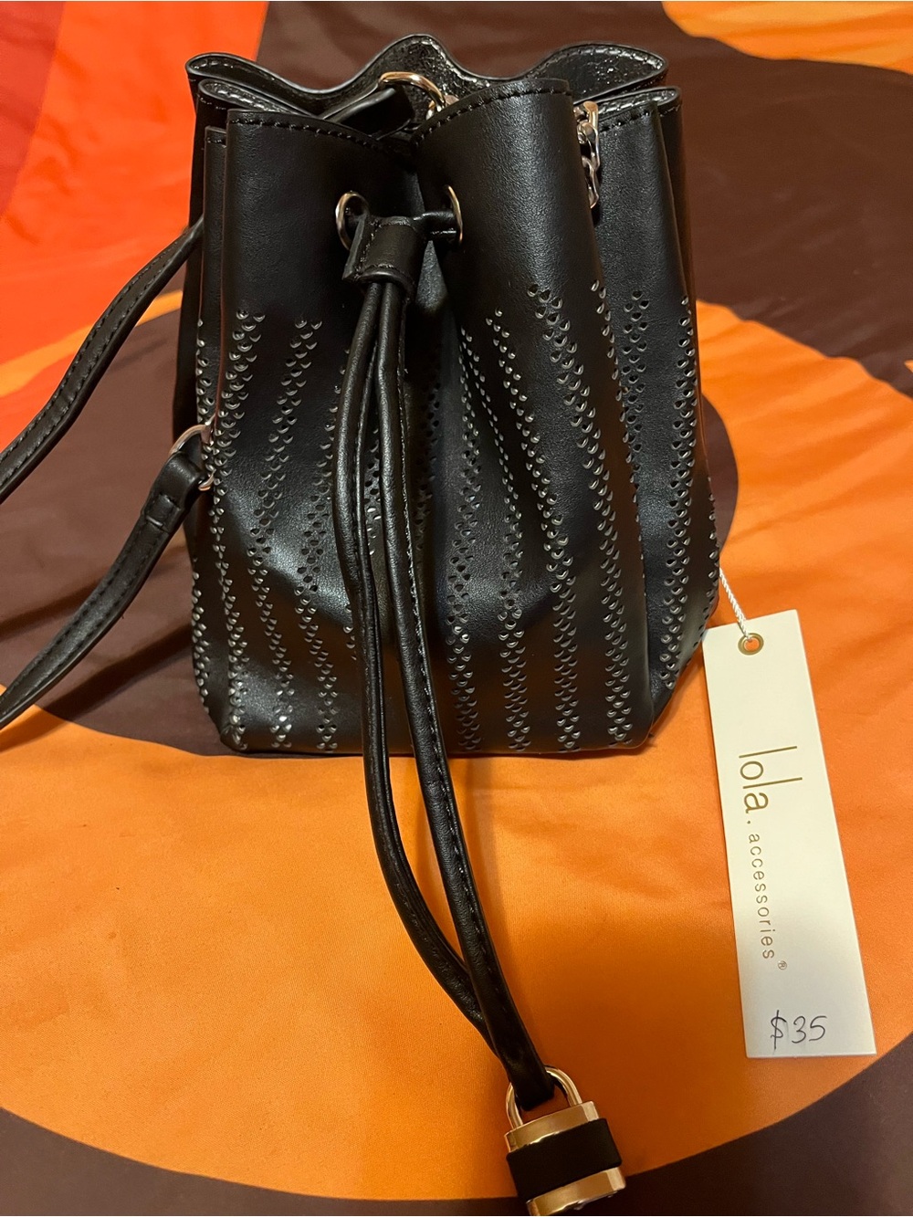lola Black Drawstring Crossbody with Chain Strap w dust bag - Picture 1 of 7